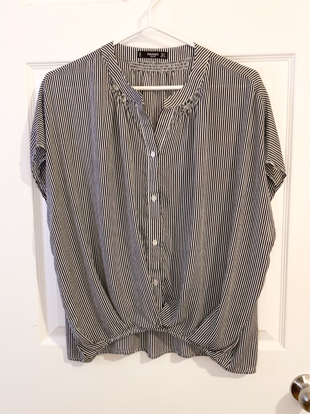 Mango Black & White Vertical Stripe Button-Front Blouse
